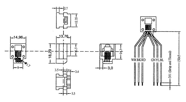 TZB452  MOD EB 6P6C   Modular-Einbaubuchsen, Anschlussdr�hte