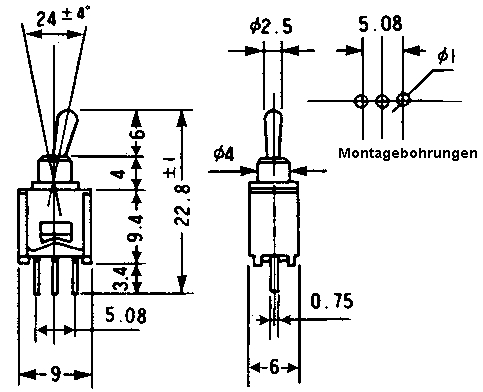 MS621C  EIN-AUS-EIN 1pol RM 5,08  Sub.Min.Kippsch.1xUm 125VDC/0,