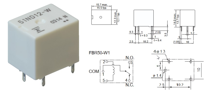 KFZ Relais print FBR51ND12W1 1xA 25A 12V 240R  15,5x12,1x13,7mm
