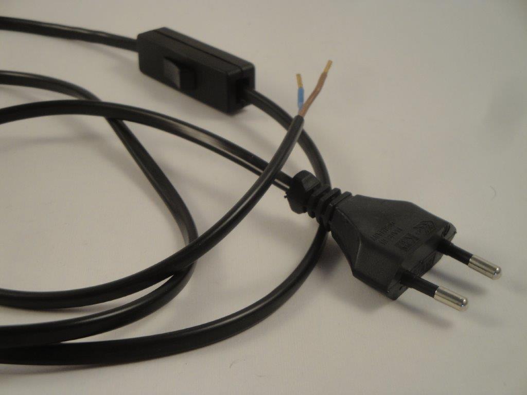 Euronetzkabel 2x0,75 1,5m  schwarz, mit Schalter, offenes Kabele