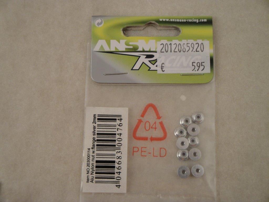 Stopmuttern M2, Alu silber, mit Bund (10Stk.), Ansmann 203000114