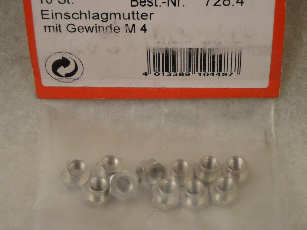 Einschlagmutter M4 (10 Stk.),  Graupner 728.4